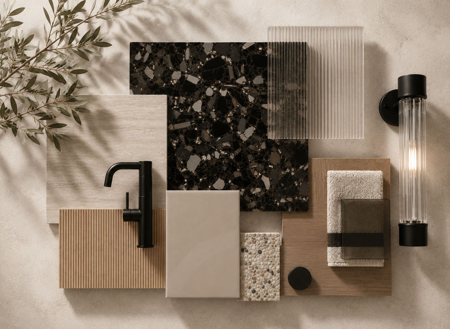Secondary bathroom material palette — terrazzo, travertine, ribbed glass, oak