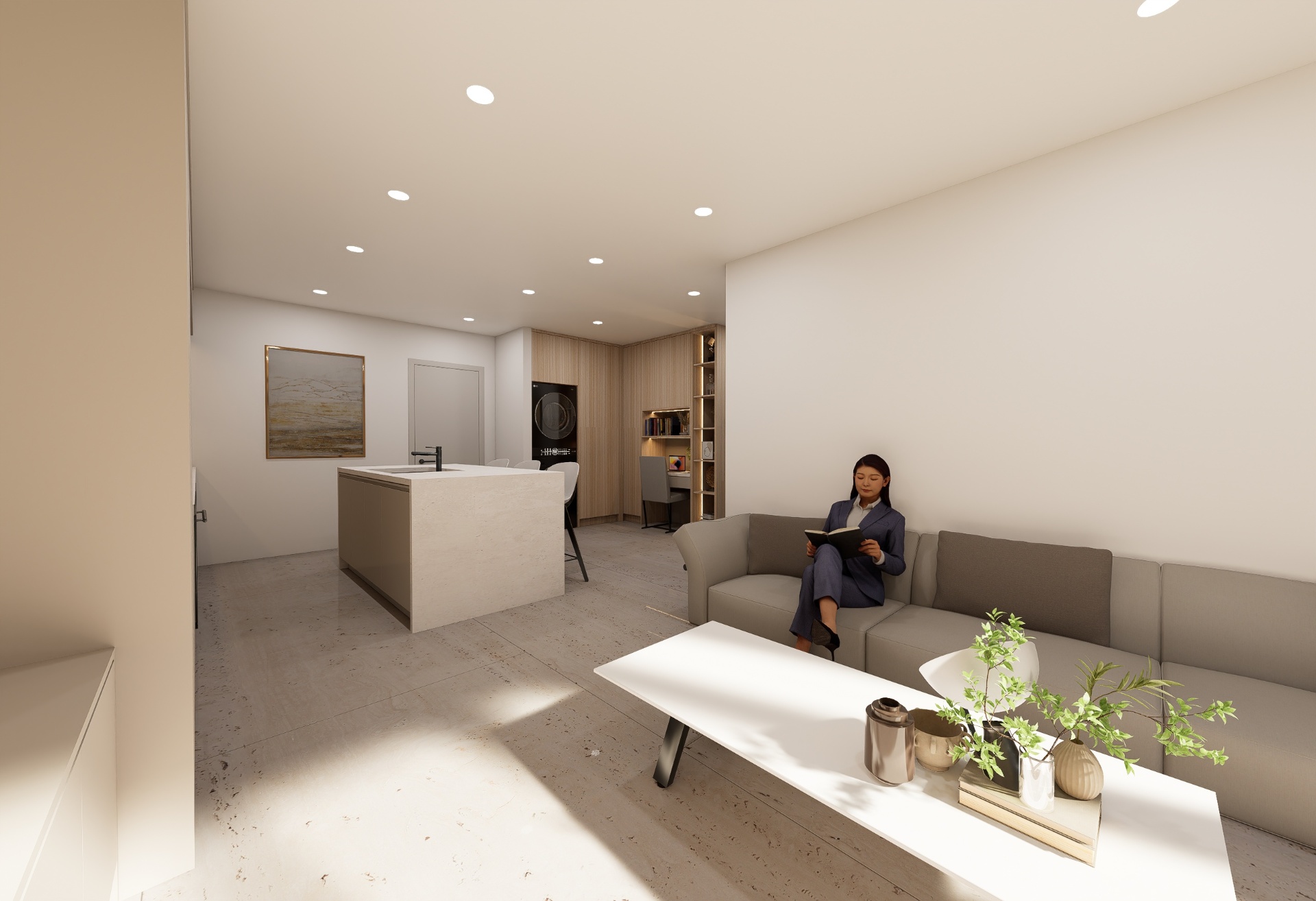 Open-plan living and kitchen with island — North Miami Beach apartment