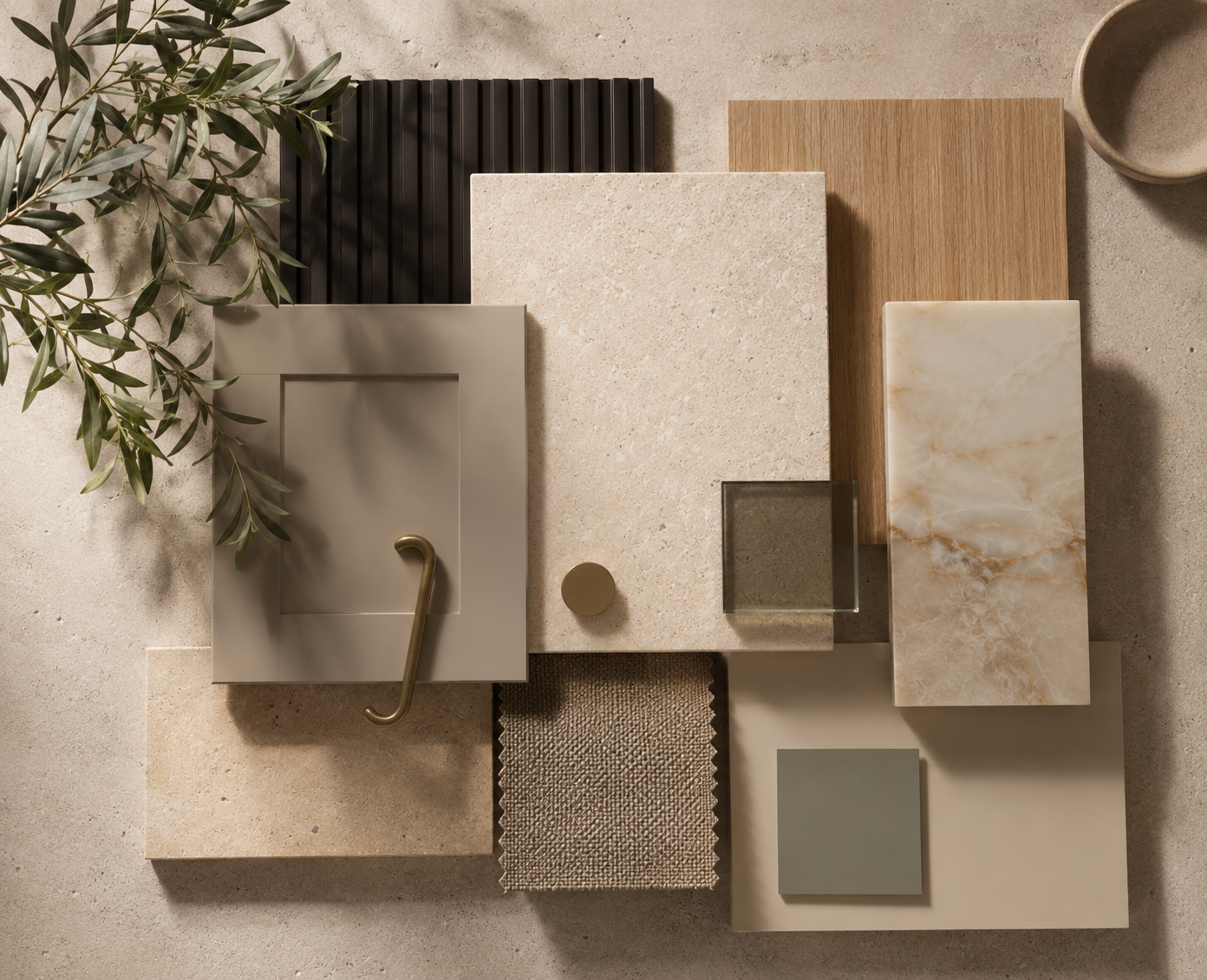 Material palette for North Miami Beach apartment: warm stone, oak, brass, black fluted panel