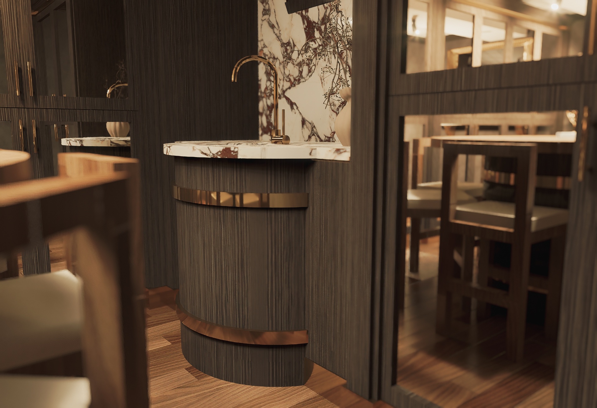 Whiskey lounge — curved bar with marble counter and brass fixtures