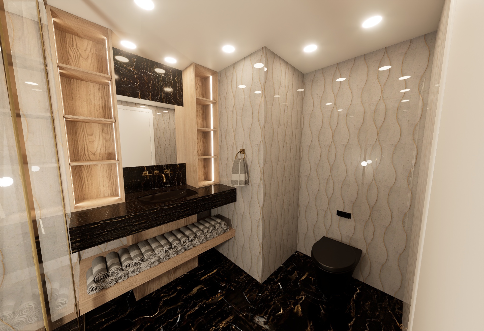 Secondary bathroom detail — oak shelving, brushed brass, marble accents
