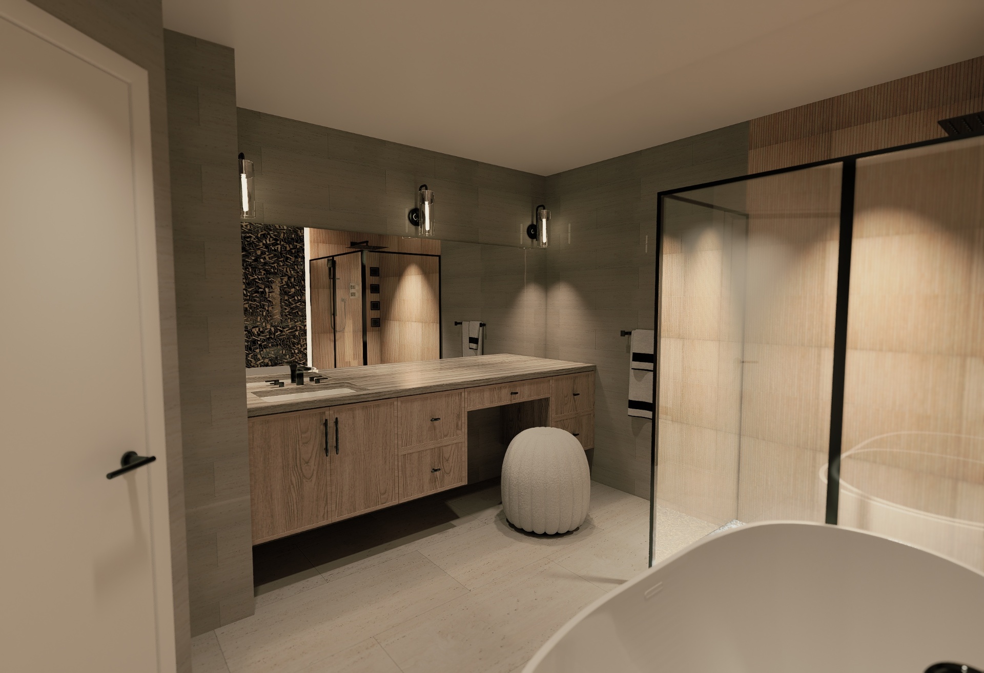 Primary bathroom vanity with warm oak millwork and sculptural sconces
