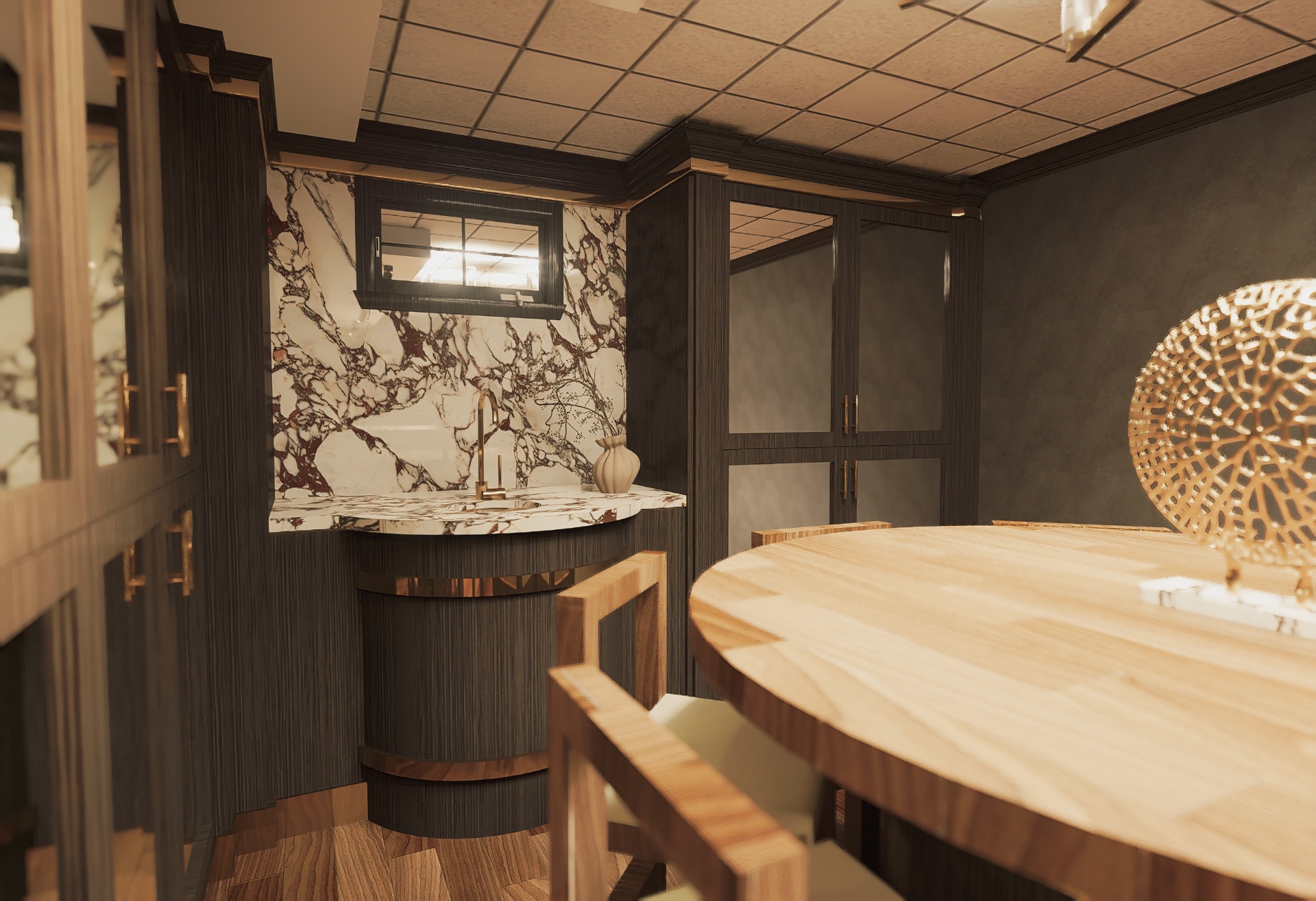 Whiskey lounge — bar detail with book-matched marble backsplash