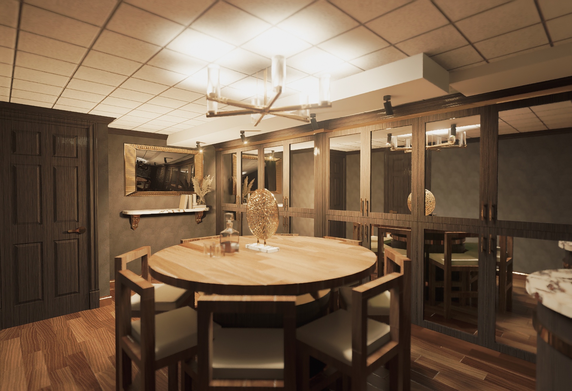 Whiskey lounge — full room view with mirrored cabinetry and chandelier