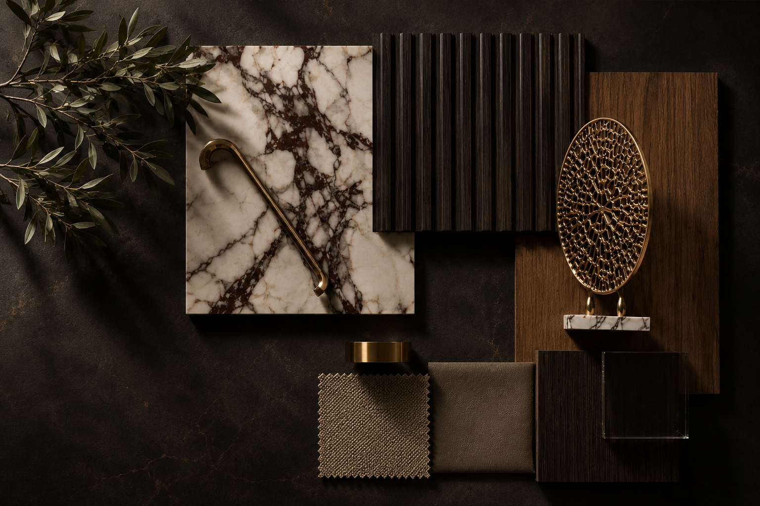 Whiskey lounge material palette — book-matched marble, dark fluted wood, brass, leather