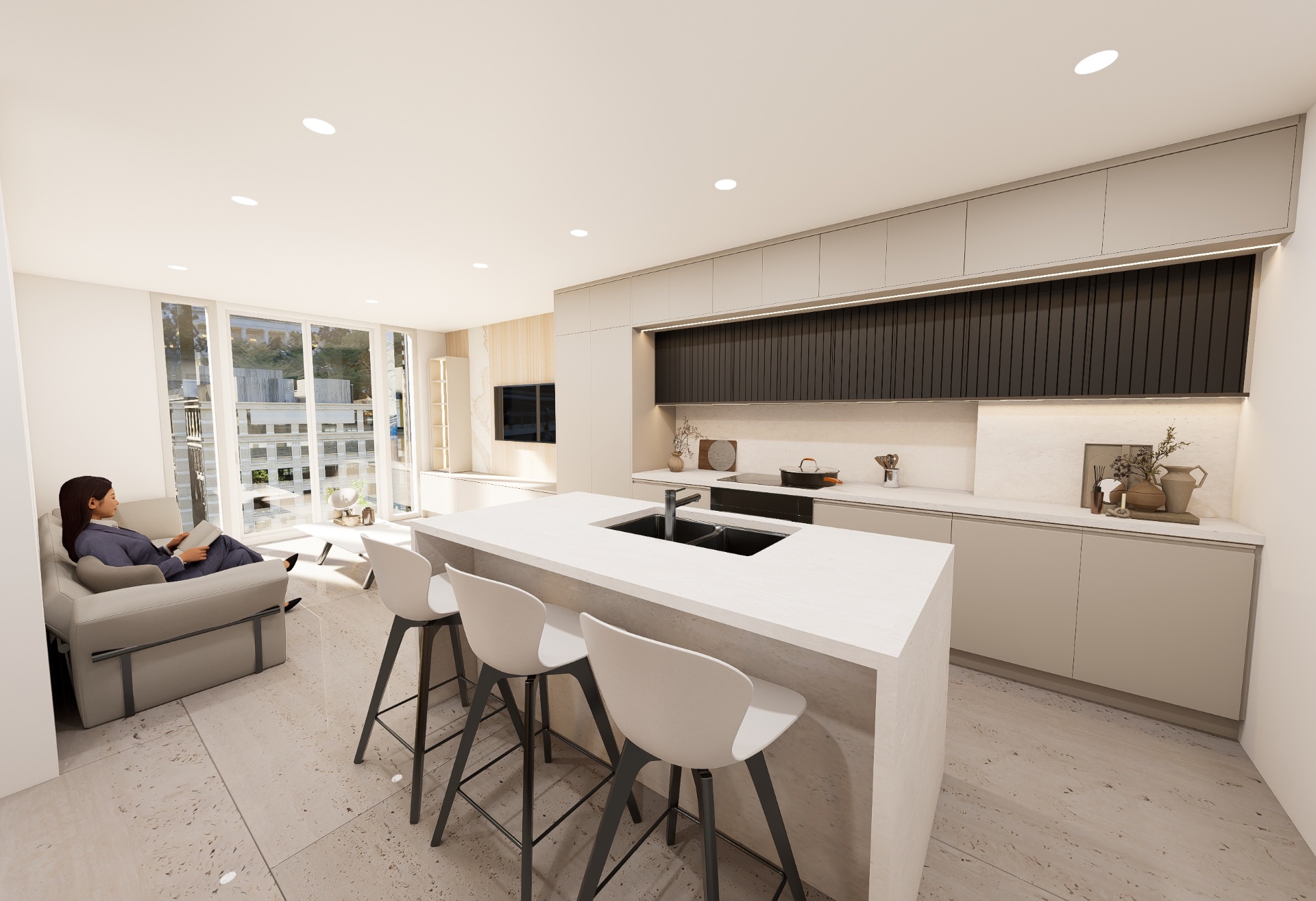 Modern kitchen with waterfall island and fluted upper cabinetry