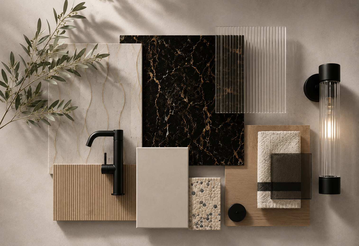 Primary bathroom material palette — black-and-gold marble, oak, matte black fixtures