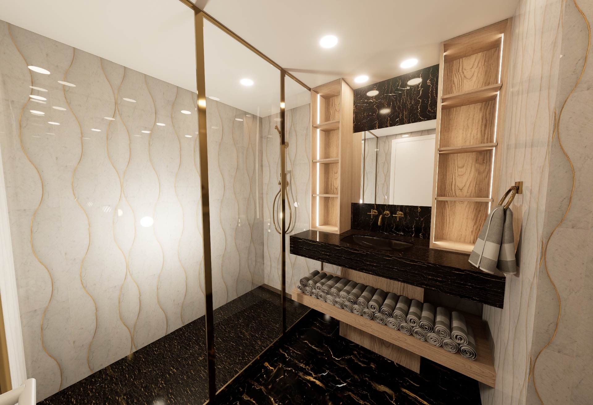 Secondary bathroom with black-and-gold marble vanity and wave-pattern walls