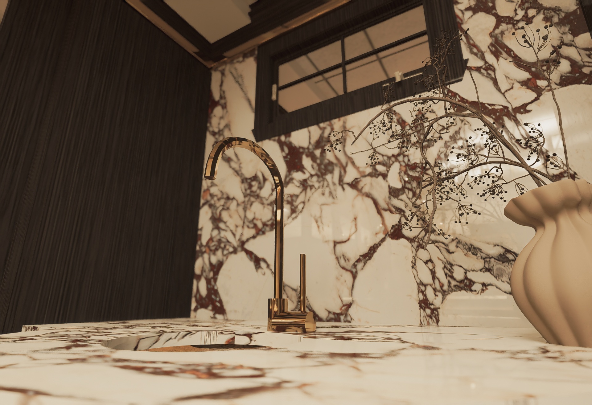 Whiskey lounge — close-up of marble counter and brass faucet