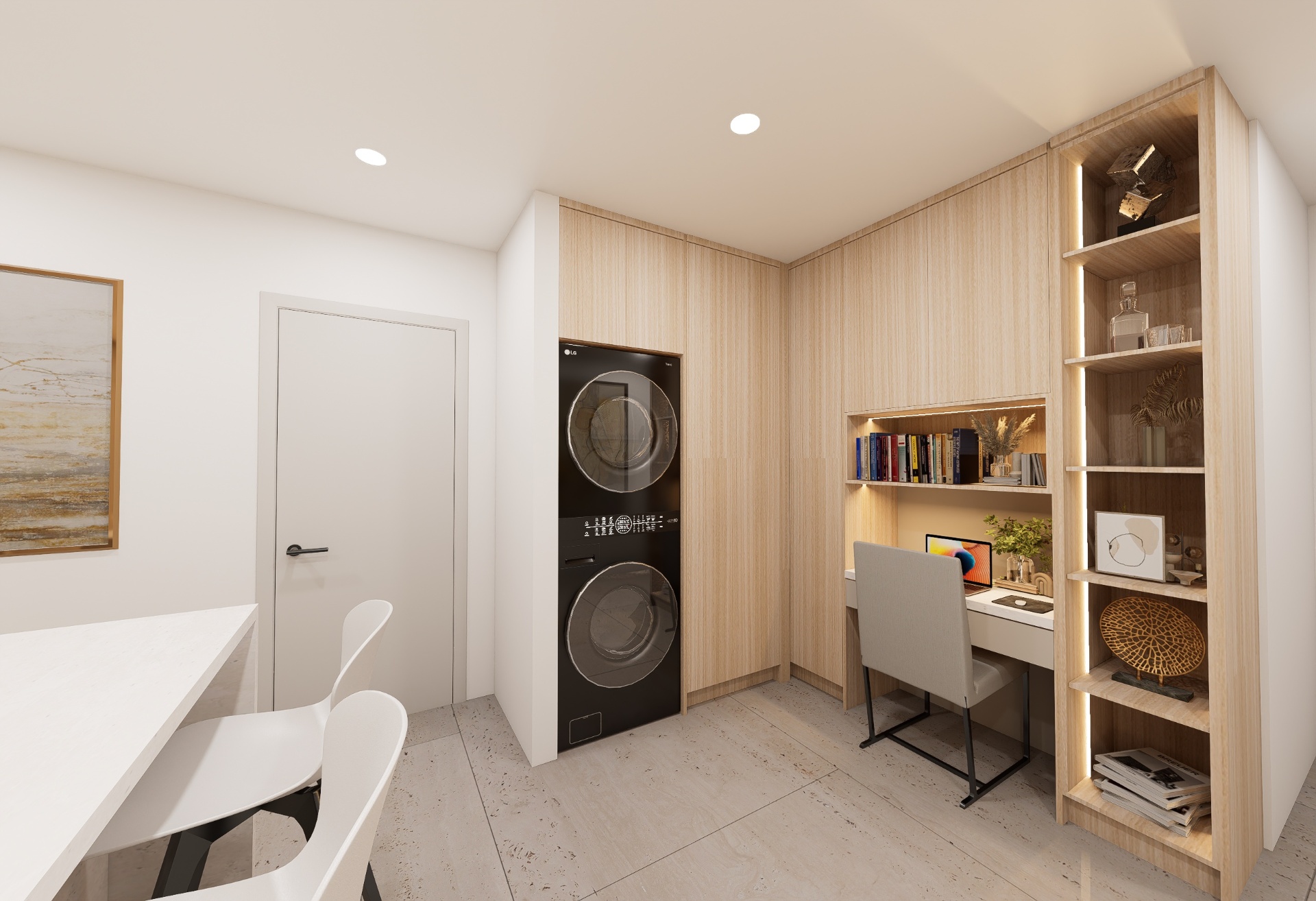 Integrated home office with laundry and warm oak millwork